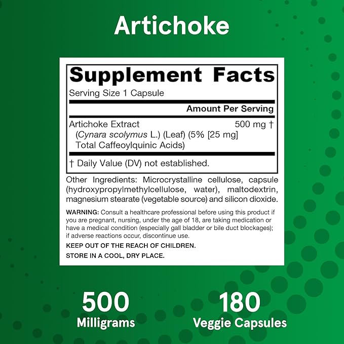 Jarrow Formulas Artichoke 500 mg - Standardized Artichoke Extract - 180 Servings (Veggie Caps) Support Liver Health &amp Digestion - Dietary Supplement - Non-GMO - Gluten Free - Vegan