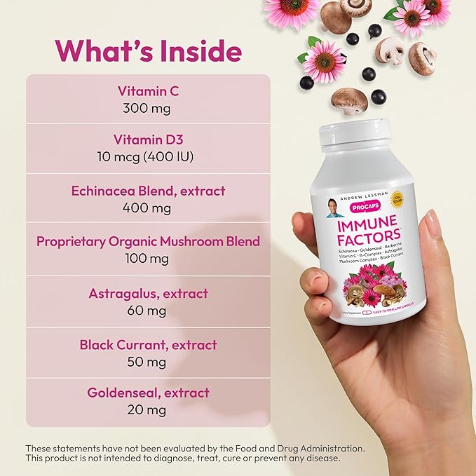 ANDREW LESSMAN Immune Factors 360 Capsules - Echinacea Goldenseal Vitamin C Astragalus Berberine Mushroom Blend Black Currant. Supports and Promotes Immune System and Natural Defenses