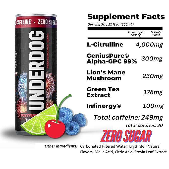 Underdog Performance Energy Drink Patriot Pop Nootropics Green Tea Extract Citrulline Clean Sugar Free Fast &amp Slow Release 249mg Caffeine per Serving No Artificial Additives 12 Pack