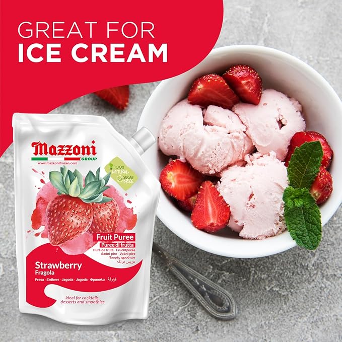 Mazzoni - Strawberry Puree 100% Pure Strawberries Just Fruit No Sugar Added Real Fruit Mixer for Cocktails Drinks Smoothies - 35.2 Fl Oz (2.2 lb) Convenient Pouch Made in Italy
