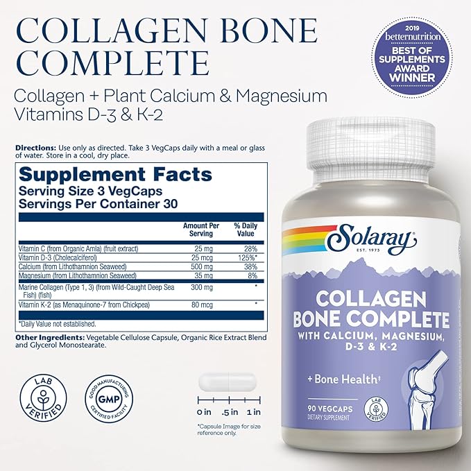 Solaray Collagen Bone Complete - Marine Collagen Capsules with Calcium Magnesium &amp Vitamin D3 for Women &amp Men Bone Strength &amp Health Support - 90 Capsules