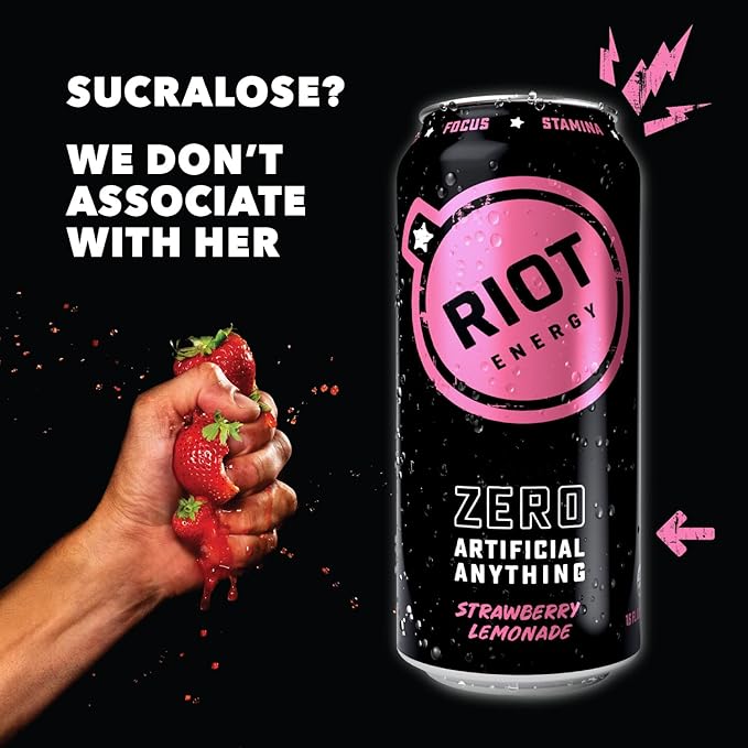 RIOT Clean Energy Drink – Strawberry Lemonade | No Sucralose No Sugar Added No Artificial Flavors | 160mg Natural Caffeine + 100mg L-Theanine | Clean Focus Stamina &amp Energy | 16 Fl Oz (Pack of