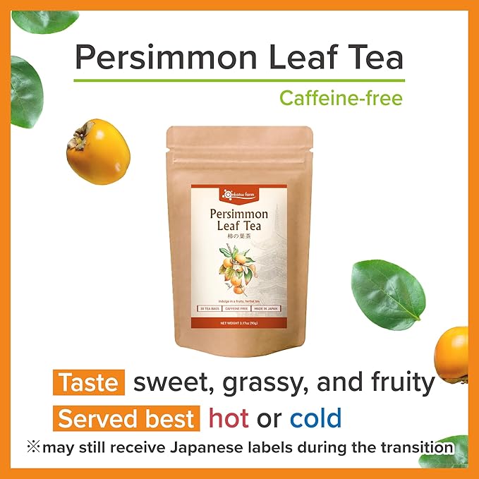 Onkatsu Farm Persimmon Leaf Premium Japanese Tea Bags Sweet Herbaceous Flavor Hot or Iced Caffeine Free 30 Total Tea Bags