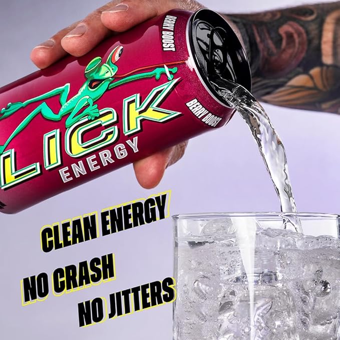 LICK Energy Drink - No Added Sugar No Crash Green Tea Caffeine (180mg) with Antioxidants and Vitamins A B6 B12 and C 16oz (12pk) - Berry Boost
