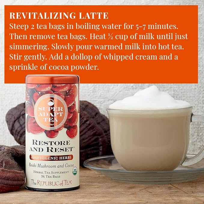 The Republic of Tea - Restore and Reset SuperAdapt Herbal Tea 250 Tea Bags Organic Caffeine Free Reishi Mushroom and Cocoa Herbal Tea