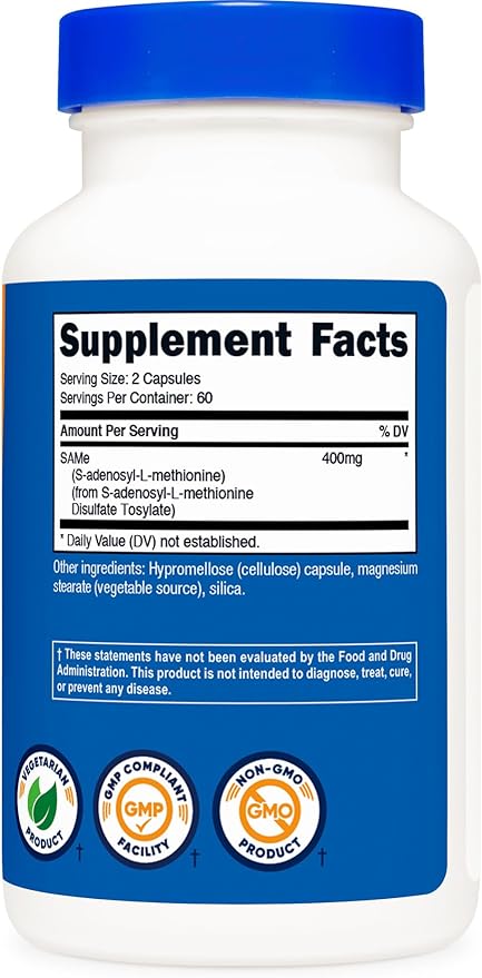 Nutricost SAM-e (S-Adenosyl-L-Methionine) 400mg Per Serving 60 Servings 200mg Per Capsule 120 Capsules - Non-GMO Gluten Free Same Vegetarian