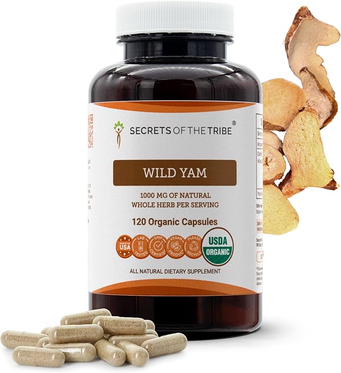 Secrets of the Tribe Wild Yam Capsules 1000 mg Responsibly farmed USDA Organic Wild Yam (Dioscorea Villosa) Dried Root Hormone Support Supplement (120 Capsules)