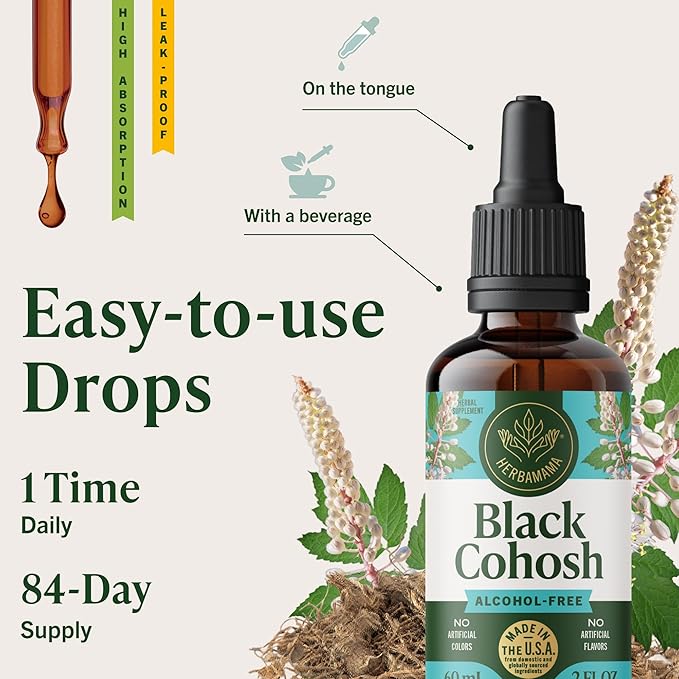 HERBAMAMA Black Cohosh Tincture - Vegan Women's Support with Black Cohosh Root Extract Drops - Non-GMO Alcohol &amp Sugar-Free Liquid Herbal Supplement 84-Day Supply