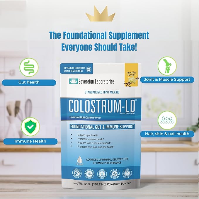 Colostrum-LD Liposomal Delivery - Colostrum Powder - Gluten-Free Lactose-Reduced - 68 Servings - Sovereign Laboratories - 12oz Vanilla