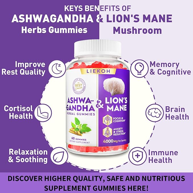 Ashwagandha Gummies - Organic Ashwagandha &amp Lions Mane Gummies for Adults with 4 Adaptogenic Herb for Stress Cognitive &amp Immune Support| Cortisol Supplements for Women &amp Men Berry Flavor