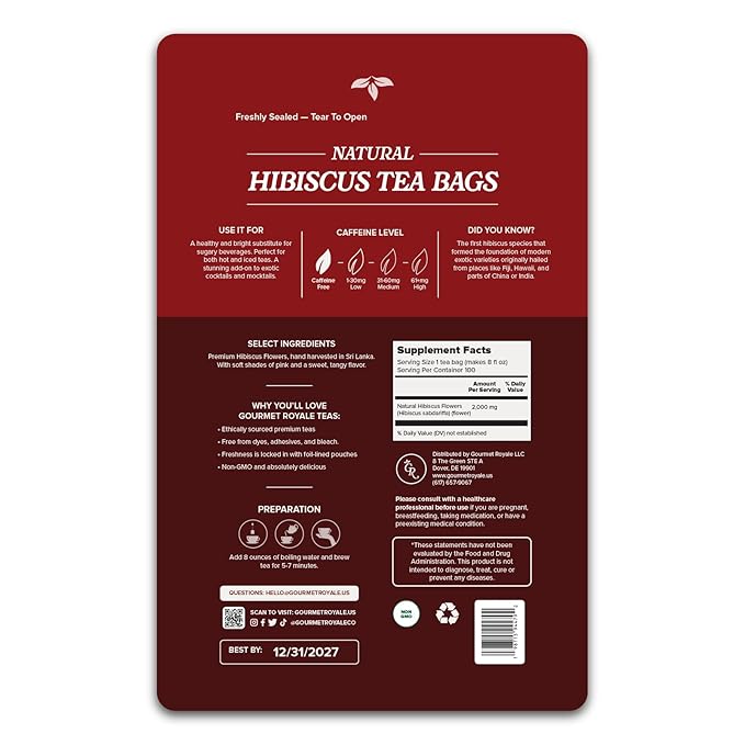 Gourmet Royale Hibiscus Tea 100 Count Sustainable Tea Bags Pure Hibiscus Flowers Caffeine &amp Sugar Free Non-GMO &amp Vegan Grown in Sri Lanka (Pack of 1)