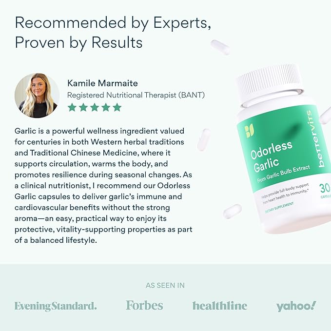 Bettervits Odorless Garlic Supplements 1000mg | High Strength Garlic Extract with Allicin | Vegan Garlic Supplement for Heart Circulation and Immune Support – 30 Capsules