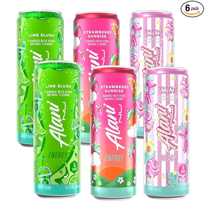 Alani Energy Drink Variety Pack – Lime Slush Strawberry Sunrise &amp Cotton Candy – Sugar Free Low Calorie Energy Drinks 12 fl oz Cans (6 Pack)
