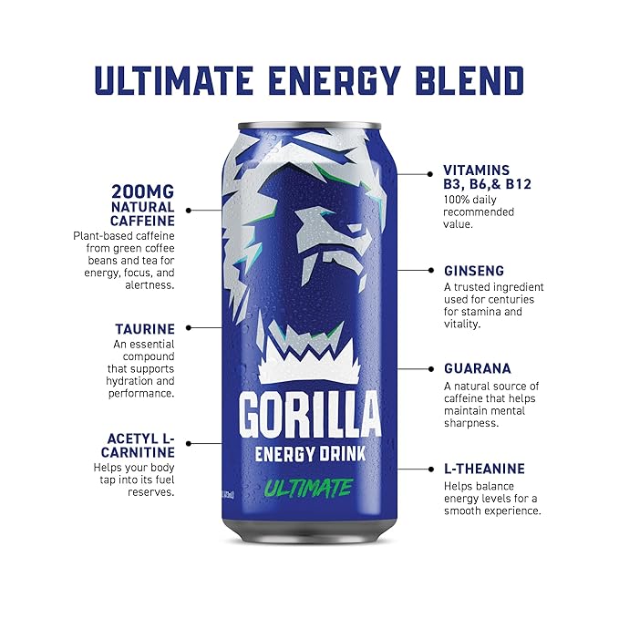 Gorilla Energy Original Energy Drink Zero Sugar &amp 200mg Natural Caffeine L-Theanine Taurine Ginseng Acetyl L-Carnitine B Vitamins Sugar Free and No Artificial Colors 16 oz Cans 12 Pack