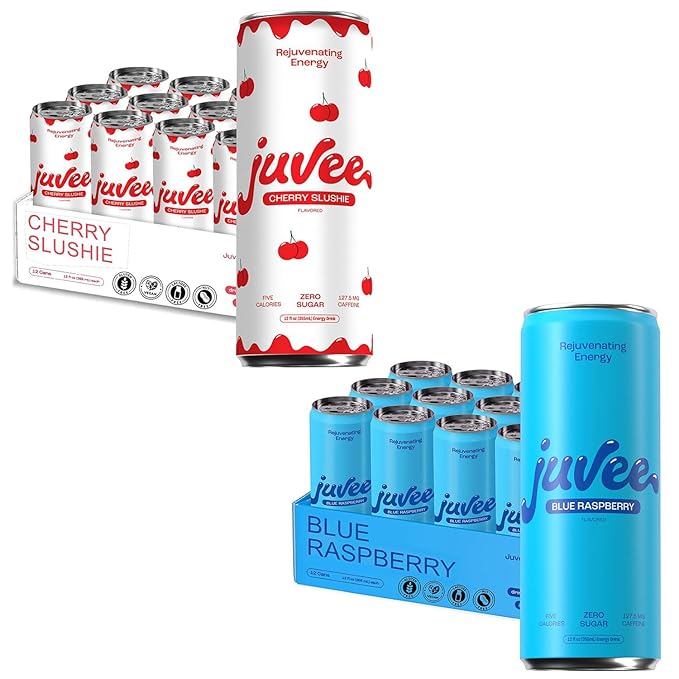 Juvee Rejuvenating Energy Drink Bundle – Blue Raspberry &amp Cherry Slushie 12 oz Cans Pack of 12 Each – Sugar Free 128 mg Natural Caffeine per Can Zero Sugar Low Calorie Clean Energy &amp Men