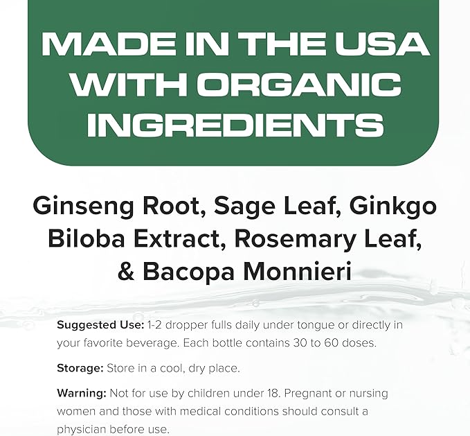 DropRx Focus Liquid Drop Supplement for Memory Brain Support Clarity &amp Focus - Ginkgo Biloba and Ginseng Organic Herbal Blend - Made in USA by Dr. Nicole Saphier (2fl.oz)
