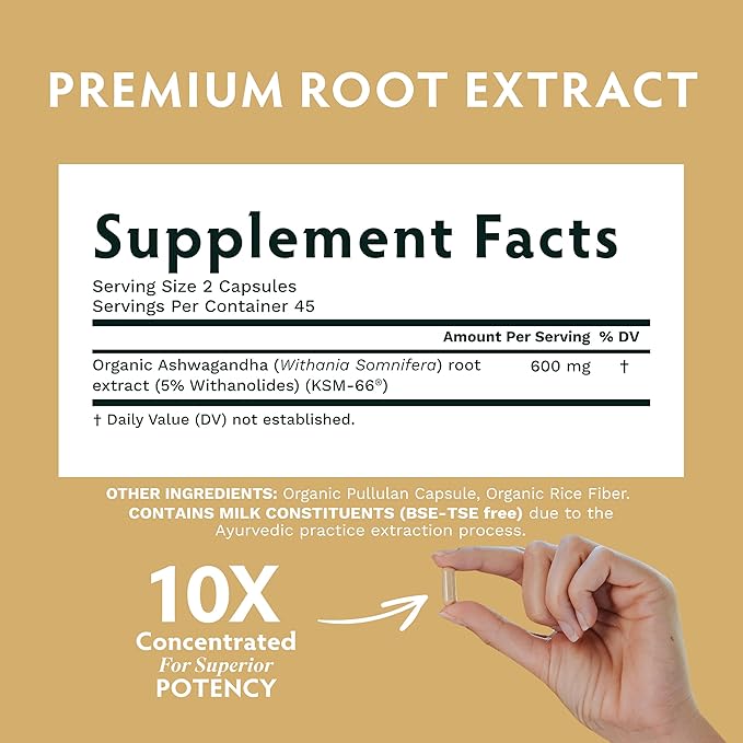 TRIBE ORGANICS Ashwagandha KSM 66 Pure Organic Root Powder Extract Ayurvedic Supplement - Focus Mood Support Increase Energy Strength 600mg of Natural KSM66 for Superior Absorption - 90 Capsules