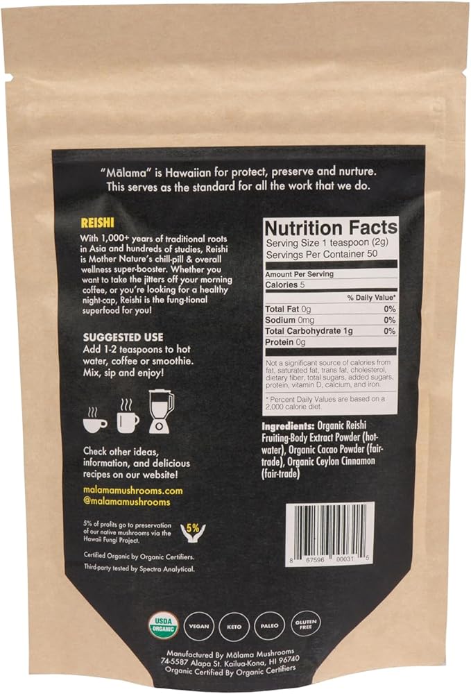 Malama Organic Mushroom Hot Cacao Mix Reishi Mushroom Powder with Fair Trade Cacao for Immune Support &amp Relaxation – Vegan Supplement &amp Superfood Non GMO 3.5 oz (50 Servings)