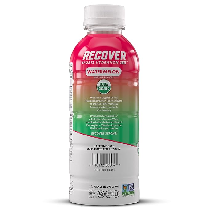 RECOVER 180 Organic Sports Hydration Drink No Sugar Added 20 Calorie Sports Beverage Organic Flavors With Vitamins Potassium-Packed Electrolytes (16.9 Fl Oz (Pack of 12) Watermelon)