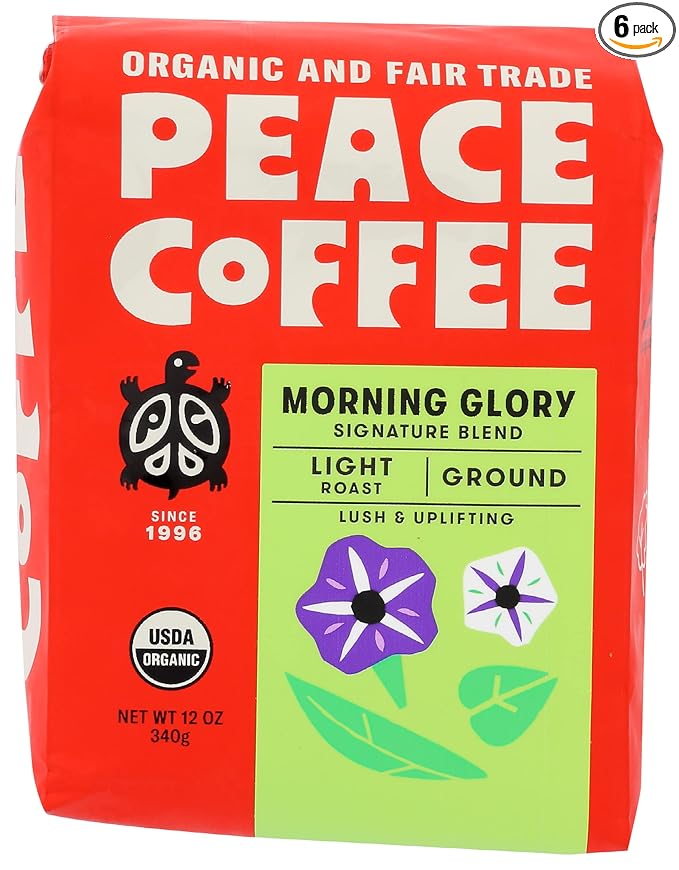 Peace Coffee Morning Glory Signature Blend Light Roast Ground Coffee Caffeinated 12 Ounce (Pack of 6)