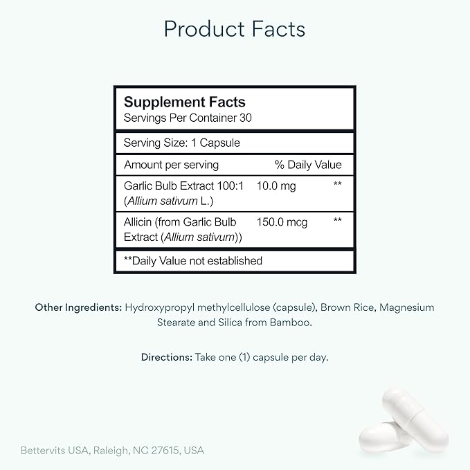 Bettervits Odorless Garlic Supplements 1000mg | High Strength Garlic Extract with Allicin | Vegan Garlic Supplement for Heart Circulation and Immune Support – 30 Capsules
