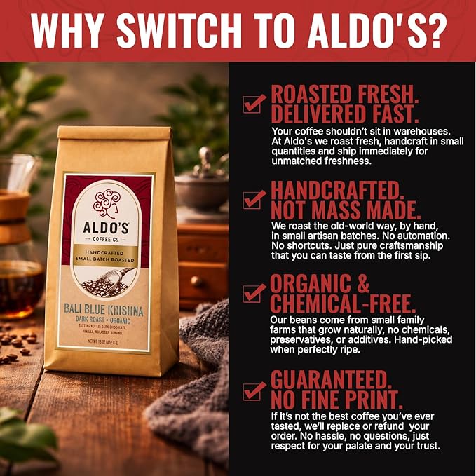 Aldo’s Organic Bali Blue Coffee Beans – Handcrafted Single-Origin Indonesian Coffee Small-Batch Artisan Roasted Bold Smooth Low-Acidity Coffee (1 lb) (Fine Ground)
