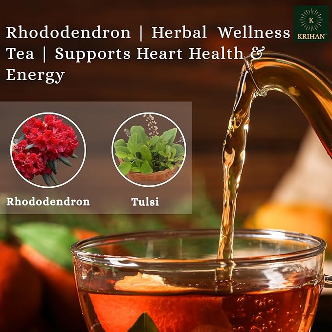 KRIHAN Organic Rhododendron Herbal Tea - 50+ Count Loose Leaf Herbal Blend with Tulsi Buransh Flower Antioxidant-Rich Caffeine Free Wellness Collection | 3.52 Oz (100g)