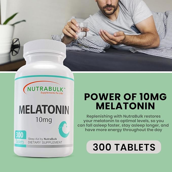 NutraBulk Melatonin 10 mg Tablets – Quick Release Natural Nighttime Sleep Aid for Adults. (300 Count)