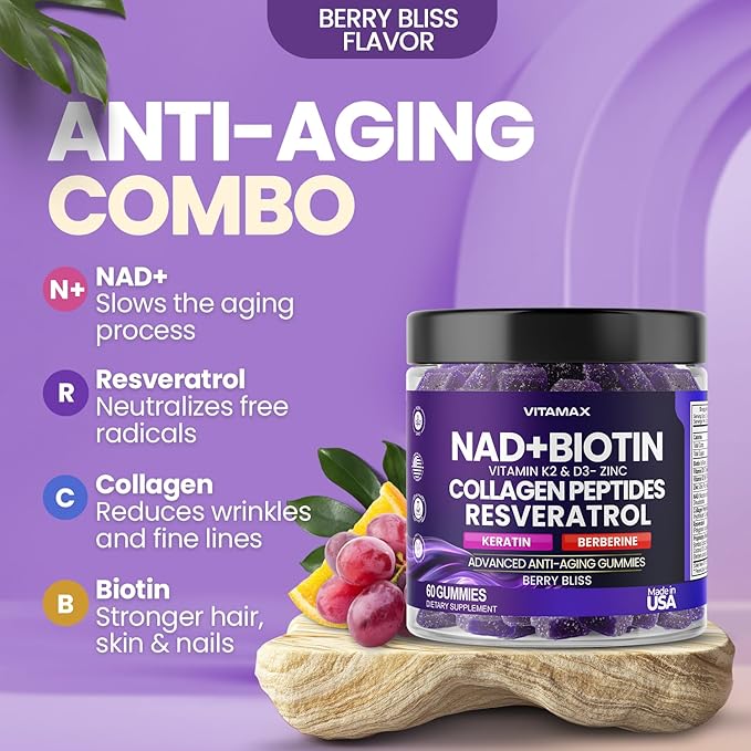 NAD+ Resveratrol Berberine &amp Biotin Anti-Aging Gummy - Hair Skin Nails &amp Joint Supplement - Collagen Peptides Keratin Zinc Vitamin K2 &amp D3 Gummies -Regeneration- Non-GMO - Made in