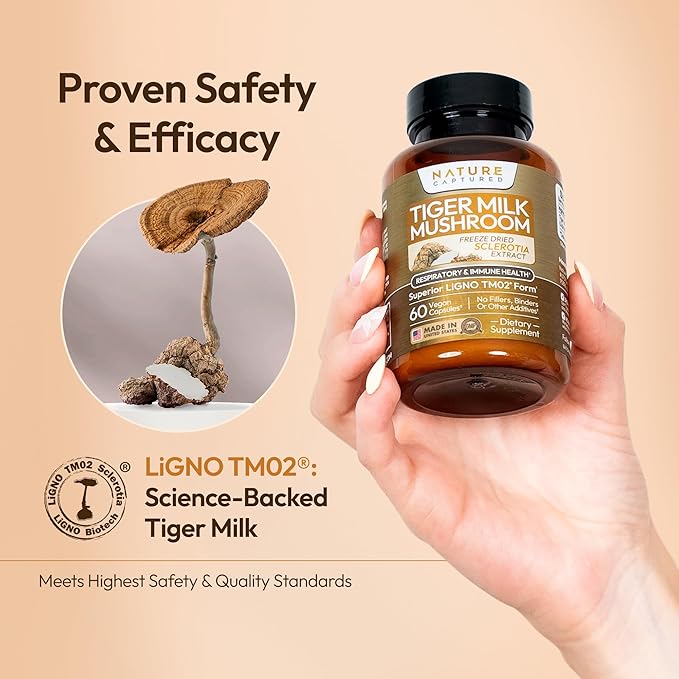 Tiger Milk Mushroom Extract (Lignosus rhinocerus) - Premium LiGNO TM02® - &gt30% Polysaccharides - Lungs &amp Respiratory Support - Cognitive &amp Immune Health - 60 Capsules - Vegan - Zero Additiv