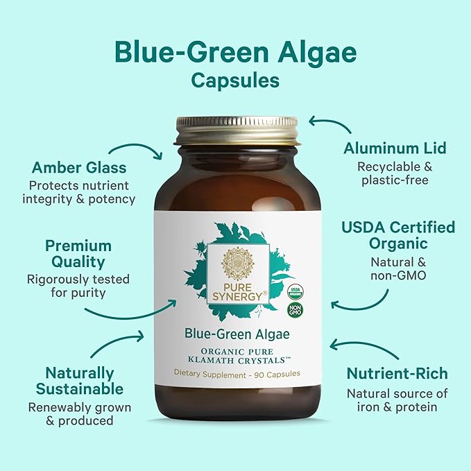 PURE SYNERGY Blue-Green Algae Capsules | Superfood with Chlorophyll | Organic Superfood Supplement from AFA Blue Green Algae | Supports Energy Mental Clarity and Detoxification (90 Capsules)