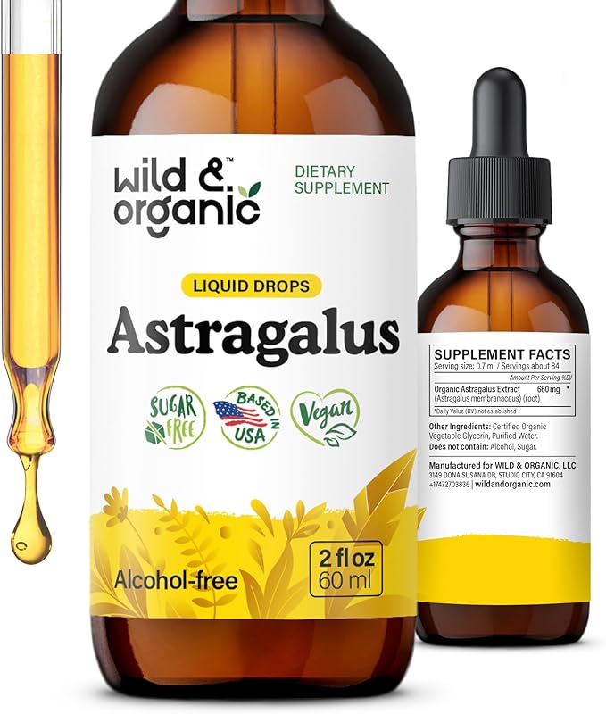 Wild &amp Organic Astragalus Extract Drops - Immune Support - Liquid Astragalus Root Supplement - Add to Tea &amp Mix with Powder - Membranaceus Herb - Vegan Sugar &amp Alcohol-Free Tincture - 2 f
