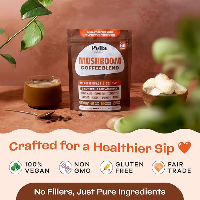 Pella Nutrition Mushroom Coffee – Lions Mane Reishi Chaga Cordyceps Shiitake Maitake and Turkey Tail Mushroom Supplement – Superfood Instant Coffee for Focus &amp Energy (Regular Caffeine 60 C
