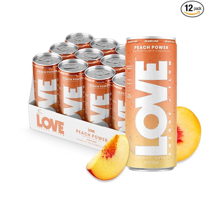 Be LOVE Energy + Flow – 80mg Natural Caffeine L-Theanine &amp Alpha-GPC for Clean Calm Focus – Zero Sugar Low Calorie 100% DV B-Vitamins – Non-GMO Vegan – 12 fl oz (Pack of 12) (Peach Power)