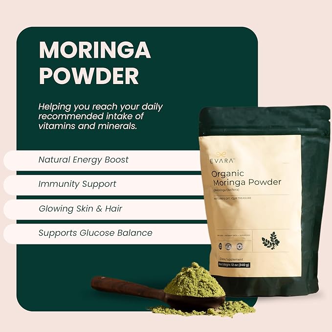 EVARA Moringa Powder Organic (12oz/ 340g) | 100% Pure &amp Organic Moringa Leaf Powder with Vital Nutrients | For Strong Immunity Natural Energy &amp Skin Health | Vegan Gluten Free | GMP &amp US