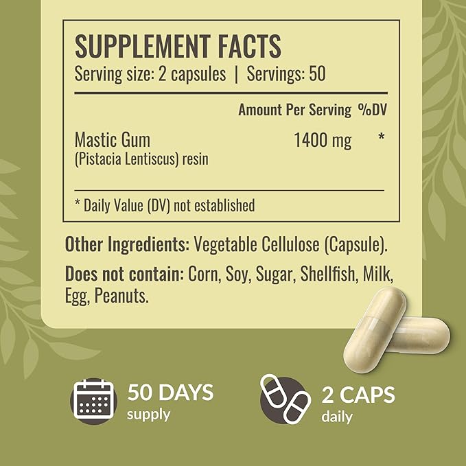HERBAMAMA Mastic Gum Capsules 1400mg - Gut &amp Digestive Support with Mastic Gum Supplement - Vegan Non-GMO Resin Digestion Capsules