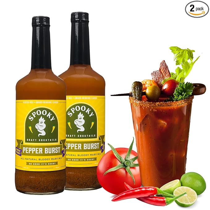 SPOOKY - Pepper Burst Bloody Mary Mix - Made With All Premium Natural Ingredients - No Artificial Color or Flavor - No Preservative No MSG Low Carb Low Calorie &amp Gluten Free - 32 Oz (Pack of 2