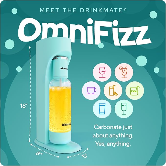 Drinkmate OmniFizz Sparkling Water and Soda Maker Carbonates Any Drink ULTIMATE BUNDLE - Includes three 60L CO2 Cylinders Two Carbonation Bottles and Fizz Infuser (Arctic Blue)