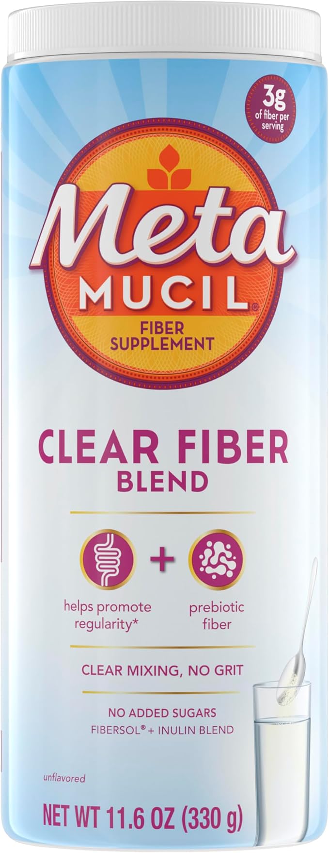 Metamucil Fiber Supplement Unflavored Clear Mixing Powder No Grit No Sugar Added Plant Based Prebiotic Fiber Supplement Blend for Daily Digestive Health 75 teaspoons
