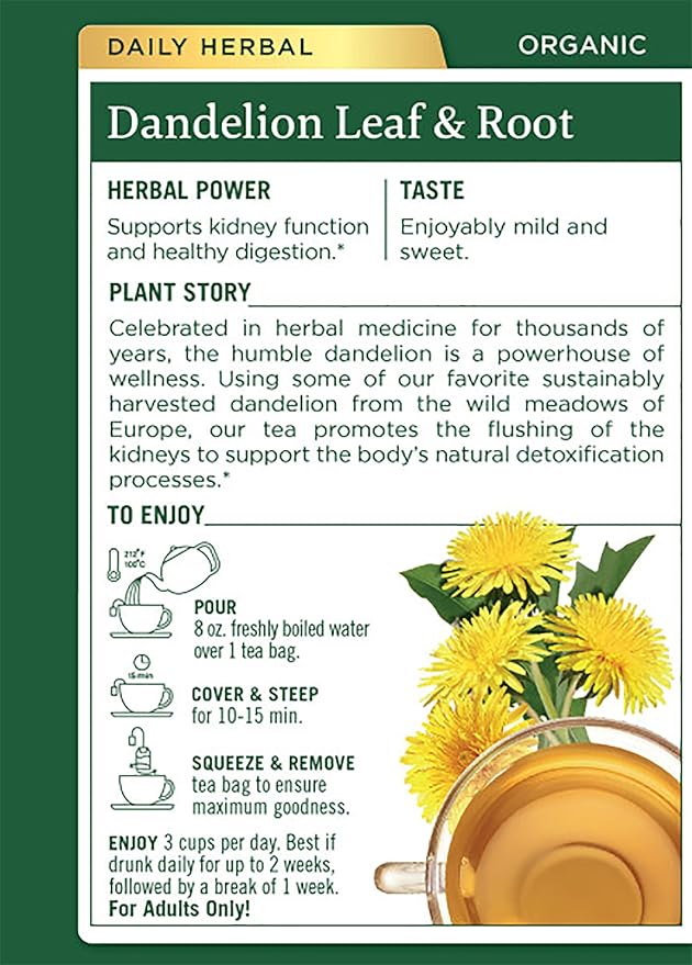Traditional Medicinals Organic Dandelion Leaf &amp Root Herbal Tea Supports Kidney Function &amp Healthy Digestion 16 Count (Pack of 4) - 64 Tea Bags Total