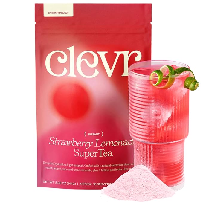 Clevr Strawberry Lemonade Gut Supporting Electrolyte Hydration Mix – GLP-1 Friendly No Added Sugar – Coconut Water with Lemon Juice Trace Minerals &amp Probiotics – Caffeine-Free SuperTea – 18 Serv