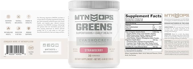 MTN OPS Greens Organic Greens Superfood Powder with Super Greens Antioxidants Digestive and Immune Support Strawberry Flavor 30 Servings
