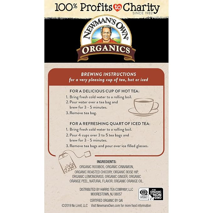 Newman's Own Organic Sweet Cinnamon Spice Herbal Tea with Rooibos Tea with Organic Ginger 20 Individually Wrapped Tea Bags Per Box (Pack of 4) USDA Certified and Kosher Cinnamon Tea Caffeine-Free