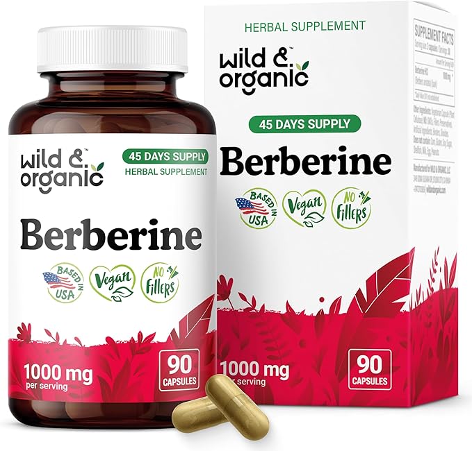 Wild &amp Organic Berberine Capsules 1000 mg - Antioxidant &amp Overall Support - Pure Berberine HCL Powder - Berberis Aristata Bark Supplement - Vegan No Fillers Non-GMO - 90 Count
