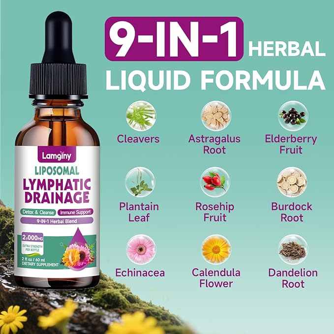 Liposomal Lymphatic Drainage Drops 9-In-1 Lymphatic Drainage Supplements for Detox &amp Cleanse with Echinacea Dandelion Elderberry Burdock Root &amp Cleavers Immune &amp Lymph System Support