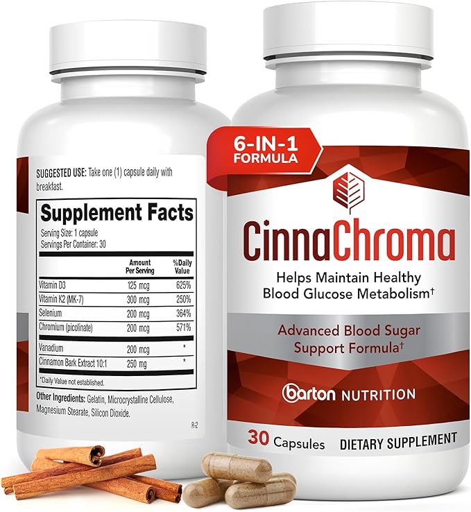 CinnaChroma Capsules - Cinnamon Supplements with 10:1 Extract Chromium Vanadium Selenium Vitamin D3 &amp K2 - Natural Sugar Blocker - 30 Capsules 1 Month Supply