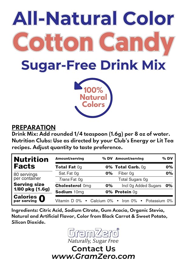 GramZero Cotton Candy Zero Calorie Sugar Free Drink Mix Great For Nutrition Club Loaded Tea Stevia Sweetened