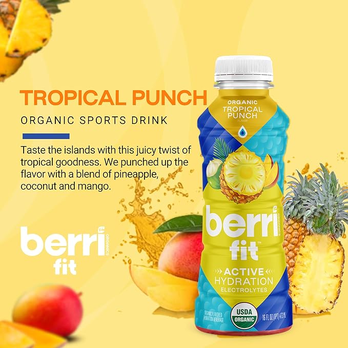 Berri Fit Hydration - Organic Tropical Fruit Flavor Natural Sports Drink - Plant-Based Electrolyte Beverage – Low Calorie Paleo Coconut Water Solution 16oz 12ct…