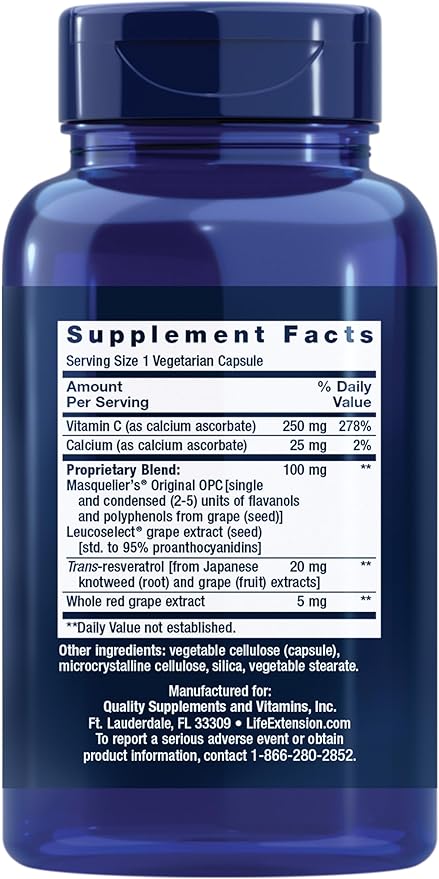 Life Extension Grapeseed Extract Vitamin C Calcium resveratrol polyphenols Cardiovascular Health antioxidant Protection Gluten-Free Non-GMO Vegetarian 60 Capsules