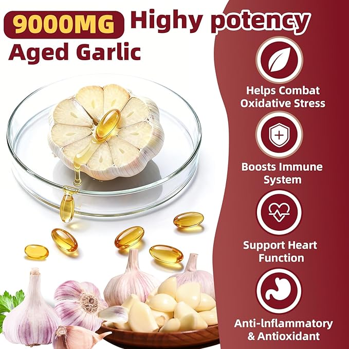 Aged Garlic Extract Capsules – 9000mg High Potency 2 Years Matured Odorless Garlic Supplements with Elderberry Vitamin E &amp Zinc for Heart &amp Immune Support Antioxidant Supplements 300 Softge